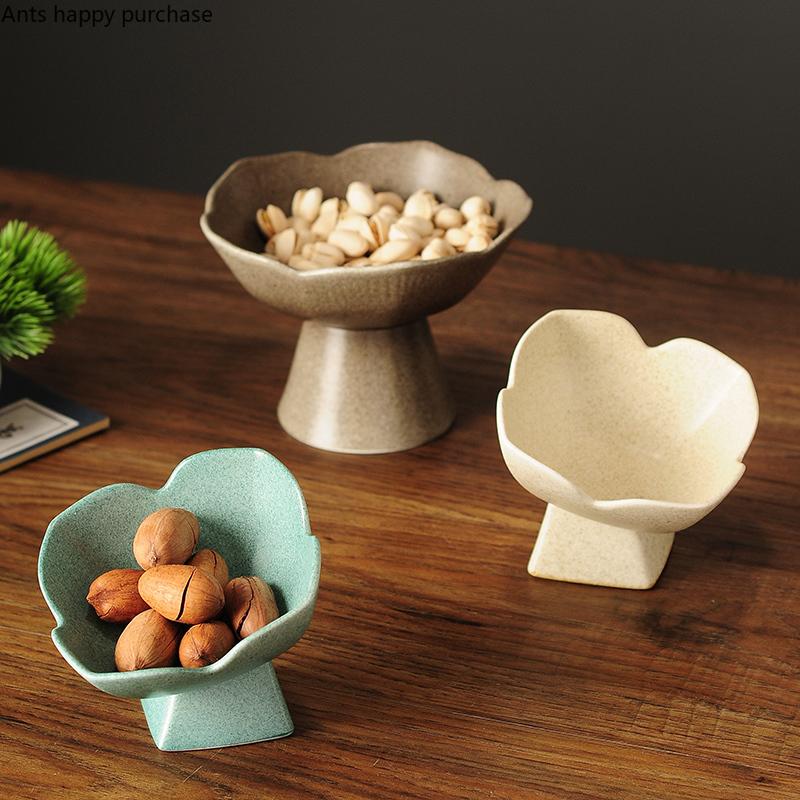 Flower Shape Ceramic Plate Refreshment Tray Tall Feet Dessert Cake Pan Fruit Tray Decorative Plate Dried Fruit Snack Plates Dish
