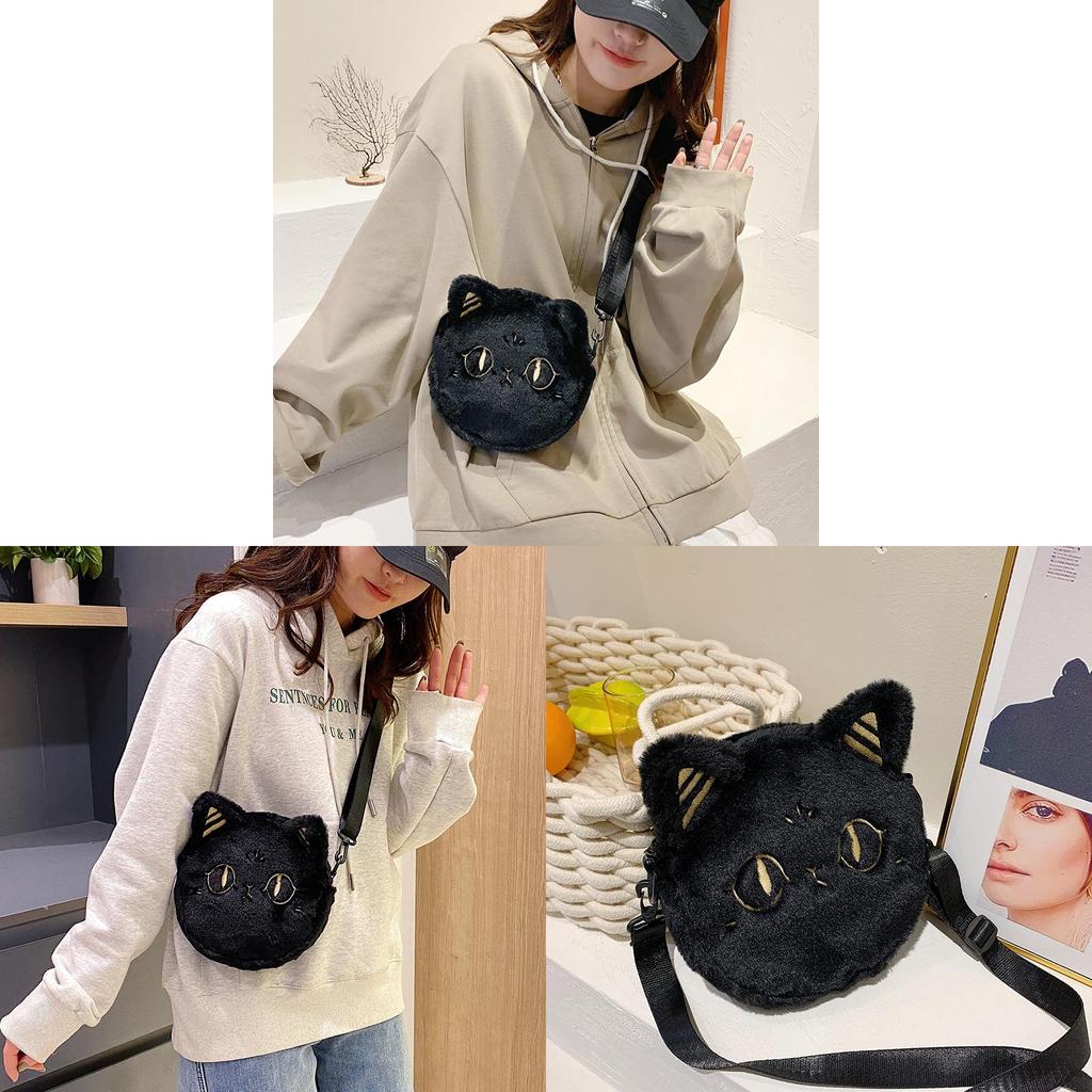 Plush Cat Bag Small Round Tote Purse With Zipper Closure For Casual Daily Use