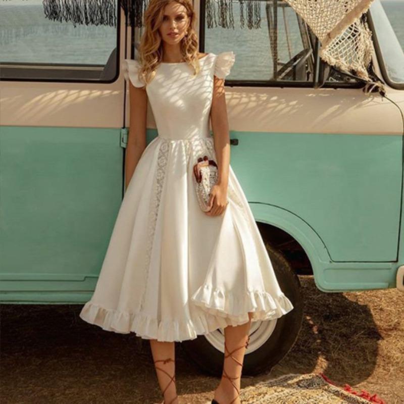Spring and summer new women s clothing ebay dunhuang new short-sleeved waist dress fluffy skirt S белый