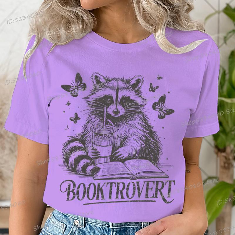 Funny Reading Raccoon Graphic T Shirts Women Booktrovert Essential Classic Tops Casual Book Lover Gift Tee Retro Bookish Clothes