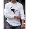 Men's Loose Fit Plus Size Comfortable Casual Sports Bull Pattern Printed Round Neck Long Sleeved T-shirt Top