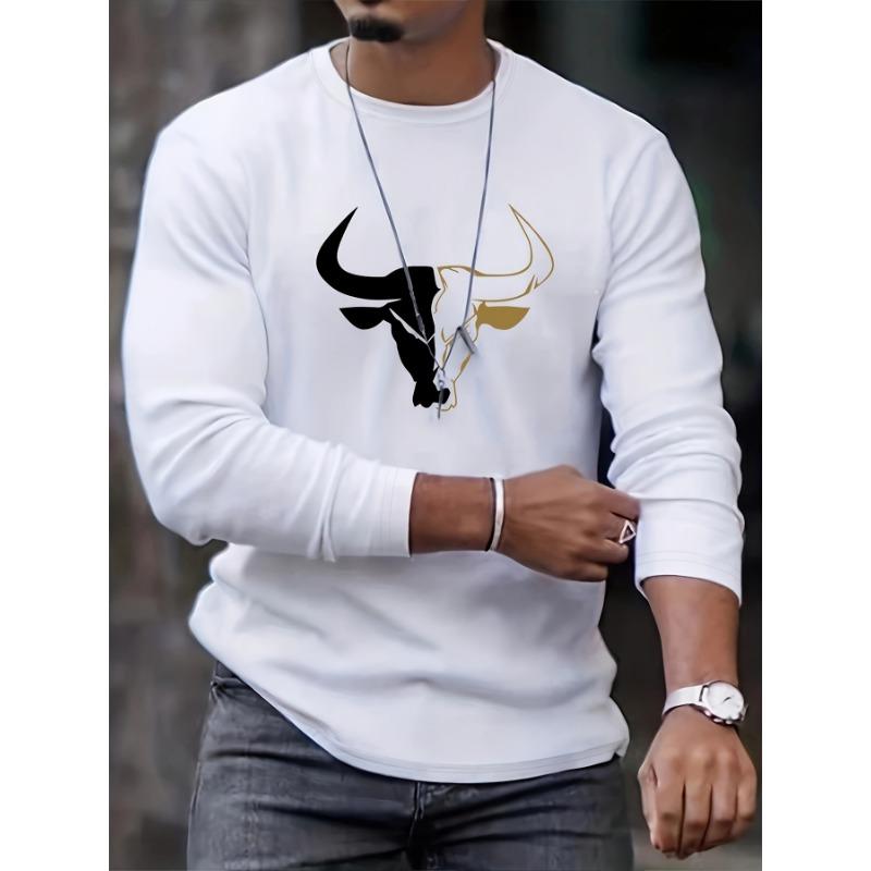 Men's Loose Fit Plus Size Comfortable Casual Sports Bull Pattern Printed Round Neck Long Sleeved T-shirt Top