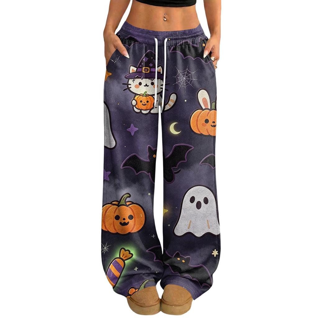 Women's Casual Halloween Print Loose Wide Leg Pants with Elastic Waist and Drawstring