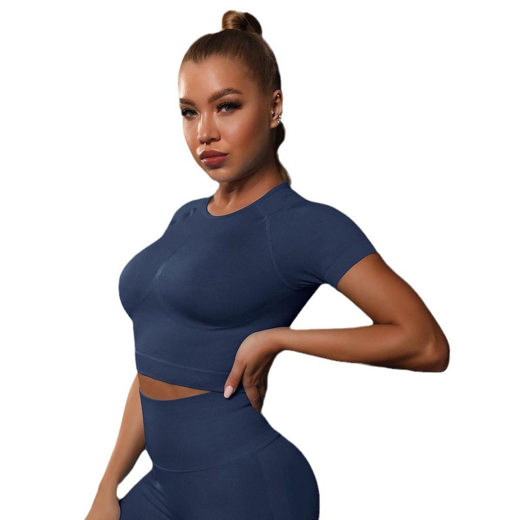 Women's Summer Seamless Ruched T-Shirt Yoga Suit - High Elastic Short Sleeve for Running and Fitness