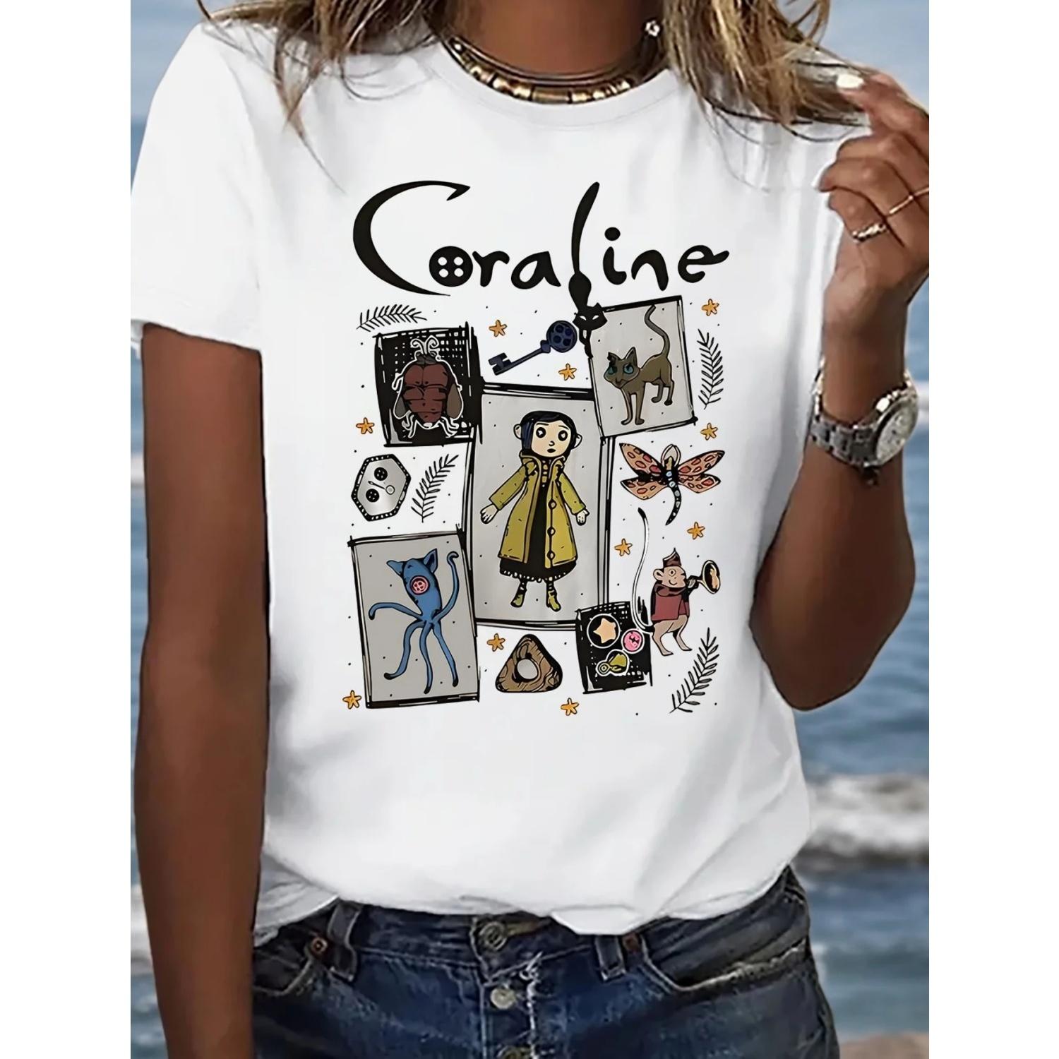 

Cartoon Print Short Sleeve T-shirt Casual Crew Neck Top For Spring & Summer Women s Clothing XXXXXL білий