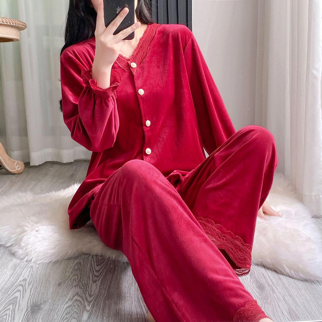 Women's Retro Noble Red Sea Island Cotton Fleece Pajamas - Thick Long Sleeve & Pants for Autumn/Winter