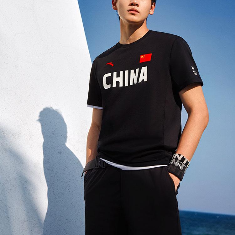 Anta All-Weather Series Solid Color Letter Print Round Neck Casual National Flag Short Sleeve T-Shirt Men Tops Black 152220115-1