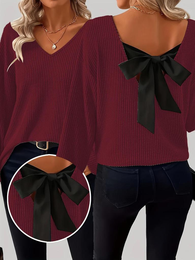 European & American Women's V-Neck Solid Sweater - Autumn Long Sleeve Casual Loose Bow Top