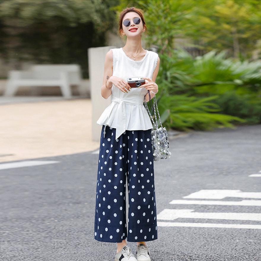 

Summer wear a complete set of design suits, sleeveless waist top, polka dot wide-leg pants two-piece set M