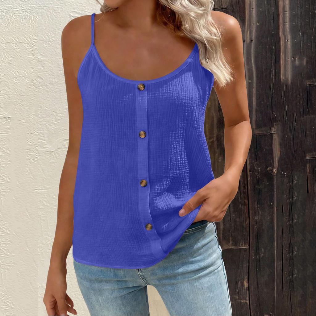 Women's Fashionable Loose-Fit Button-Down Round-Neck Adjustable Strap Tank Top