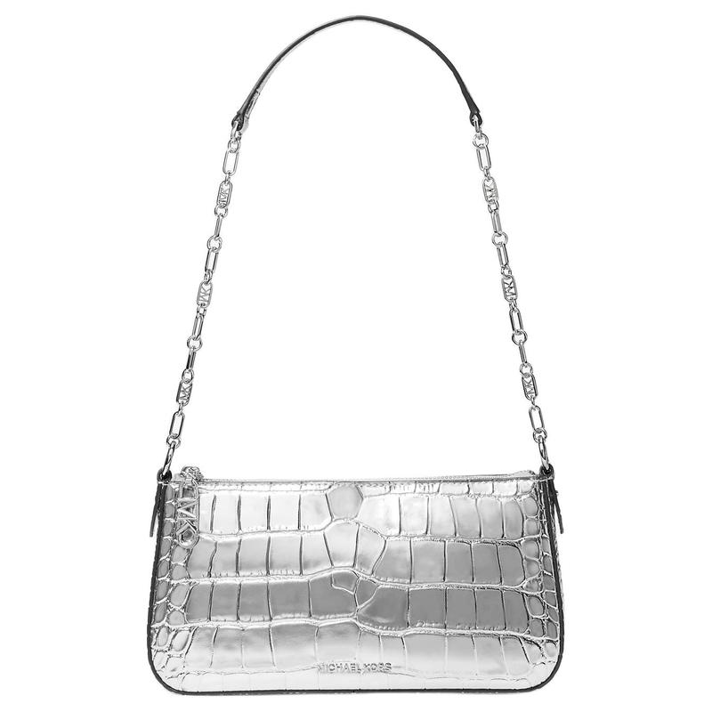 Michael Kors Empire Empire Metal Hardware Zipper Closure Crocodile Embossed Leather Clutch Shoulder Bag Medium Women's Silver
