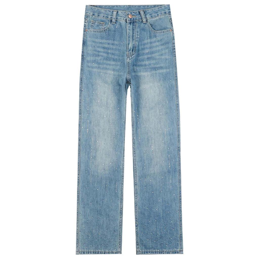 Early Spring Light Blue Narrow Full Rhinestone High Waist Non Stretch Slim Trendy Denim Pants Women Casual Pants Oversize Denim Trousers