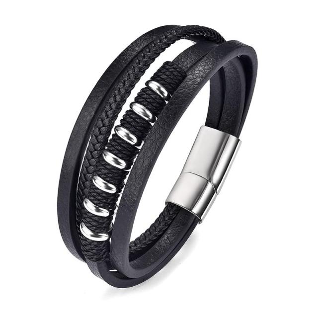 Bracciale Uomo In Pelle Nera Multistrato Con Chiusura Magnetica – Regalo Originale Per Fidanzato