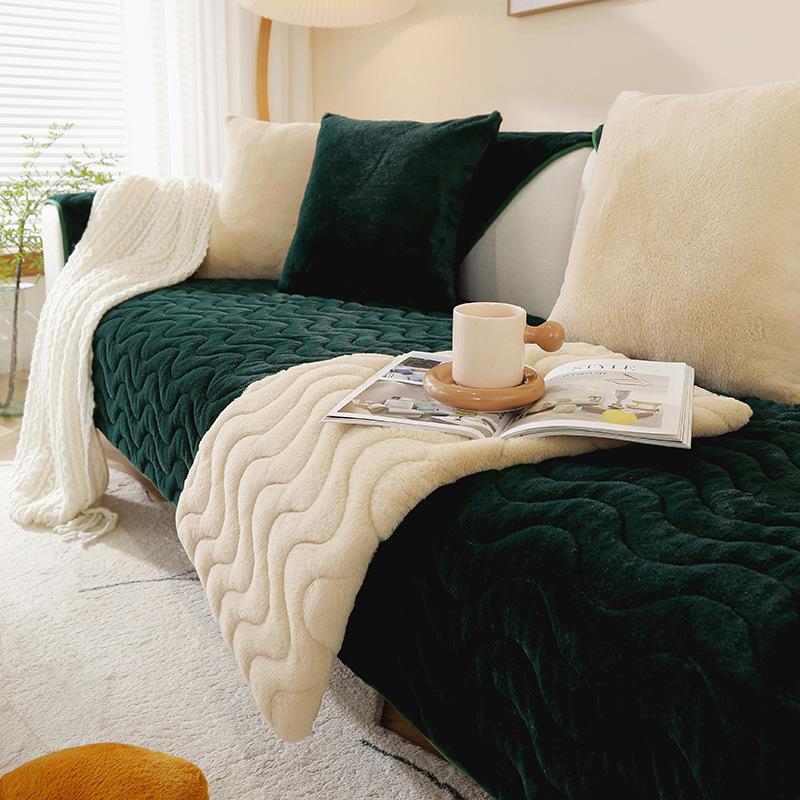 Thick Plush Striped Winter Sofa Cushion - Non-Slip, Soft, Imitation Rabbit Fur