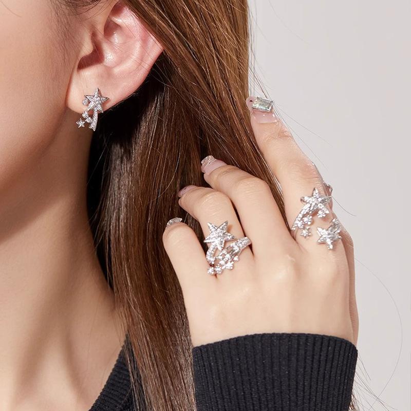 Galaxy Interstellar Comet Open Ring Niche Design Stud Earrings Full Of Diamonds Meteor Light Luxury Temperament Earrings Women