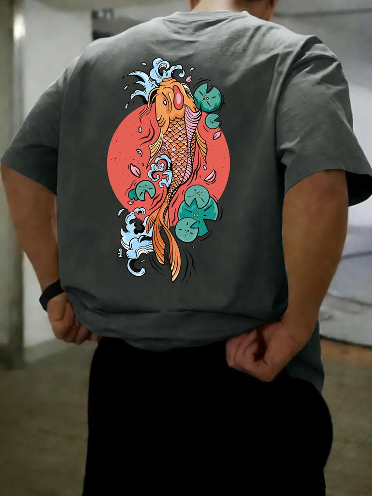 Japanese Koi Fish Mens Tshirt Loose Shortsleeved Summer Casual Pure Cotton Retro Clothing Suitable for Both Men Women