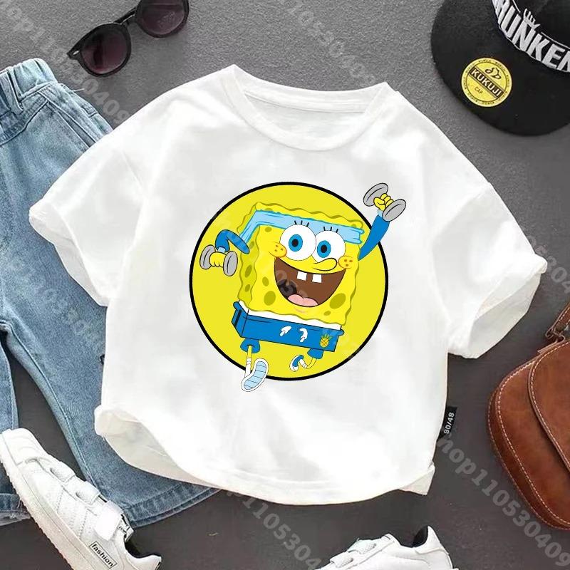 Shortsleeve Tshirt for Children of SpongeBobcotton Jersey with Anime Character Print Casual Summer Tshirts with Round Neck