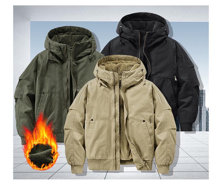 Herren Arbeitsjacke mit Kapuze aus reiner Baumwolle, Herbst/Winter, mit Samtfutter, Verdickt, Lockerer Schnitt, Übergröße, Stil 6836.
