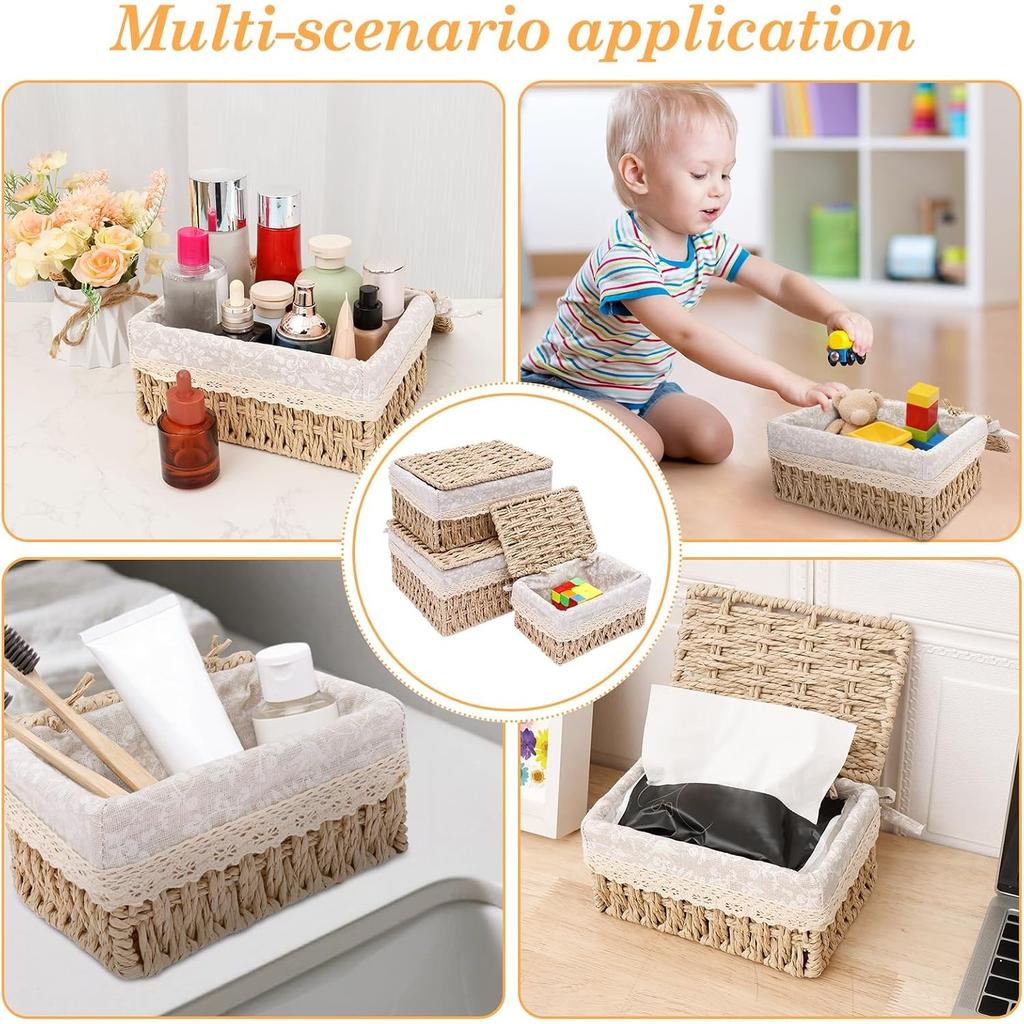 Set of 3 Woven Storage Baskets with Lids Decorative Paper Rope Wicker Baskets Nursery & Bedroom Organiser Boxes with Removable Washable Lining