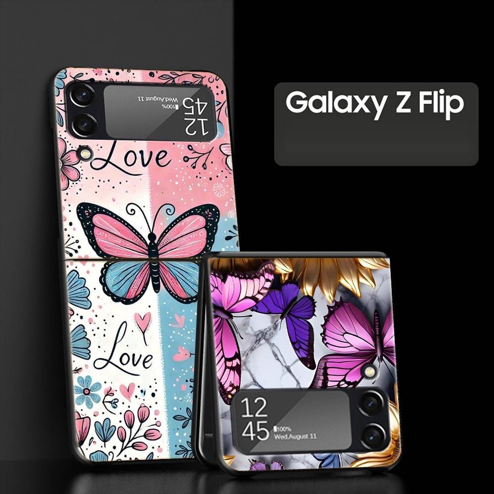 Fashionable Butterfly Flower Pattern Hard PC Phone Case For Samsung Galaxy Z Flip 7 6 5 4 Black Cover For Galaxy Z Flip 3 Shell