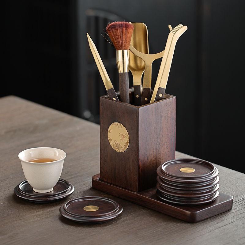 Black Ebony Wood Tea Ceremony Set With Carved Design Six Tools Gongfu Brewing