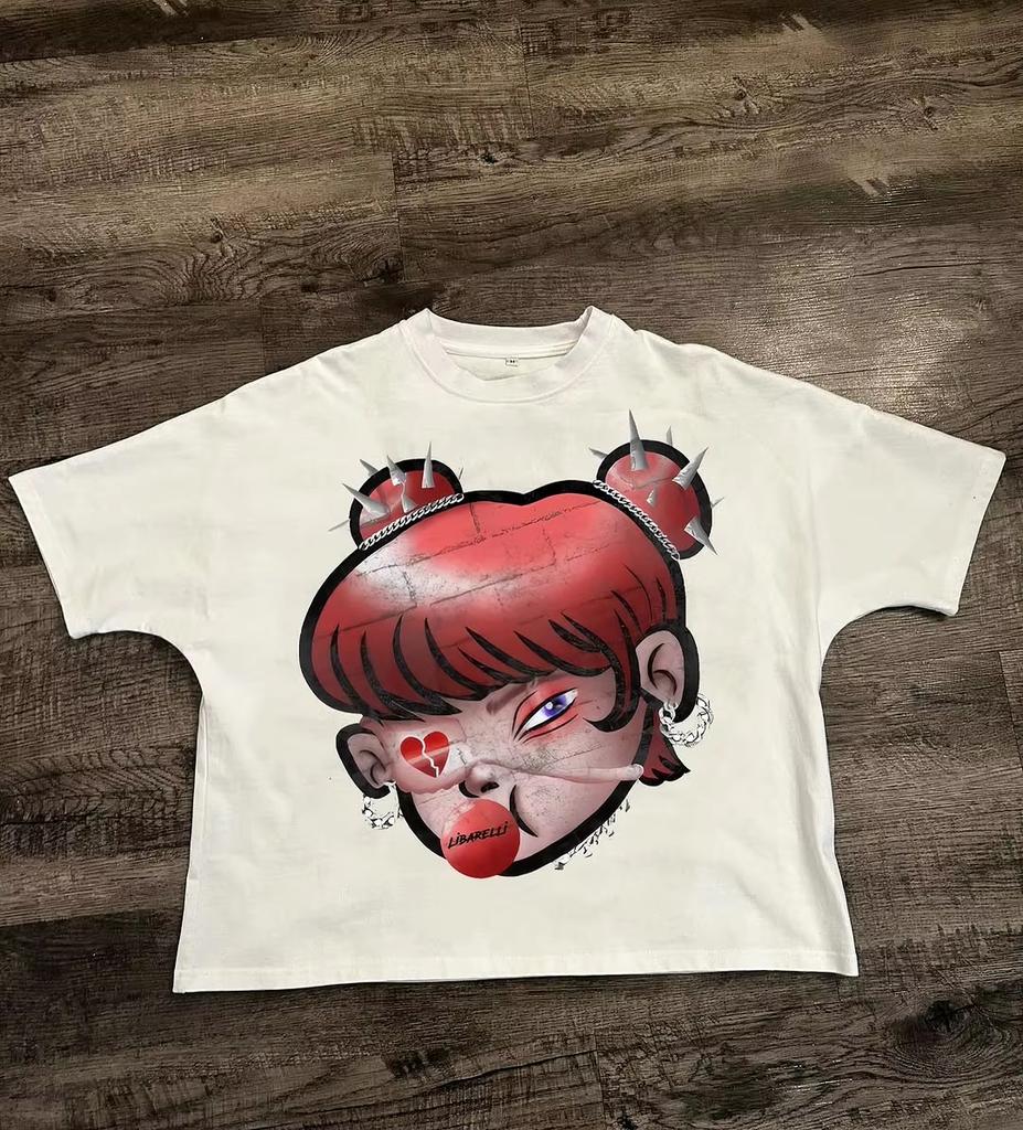American Cartoon Character Personality Trend Graffiti Painting Printed T-shirt Men's Loose Cotton Street Fashion Short Sleeves