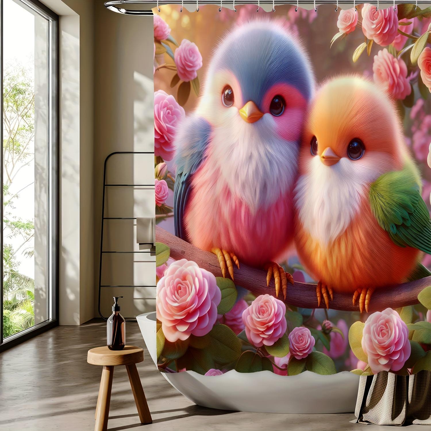 

Reversible Polyester Shower Curtain, Colorful Birds & Floral Design, All-Season Knit Weave for Youngsters Bathroom Decor W90xH180cm