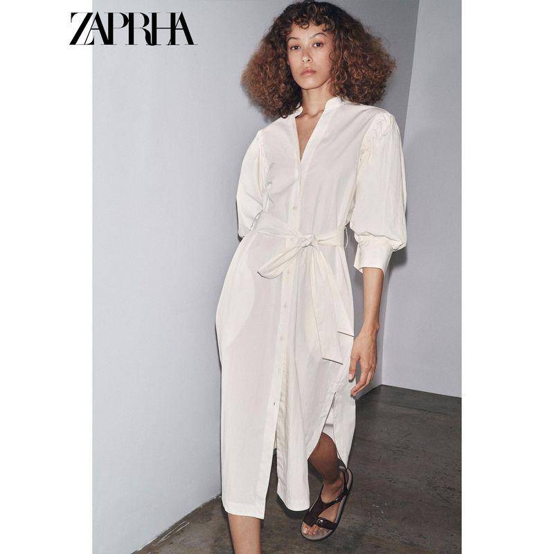 Zaprha 2025 Autumn New With Belt Puff Sleeve Round V-neck Shirt Midi Dress 8193325