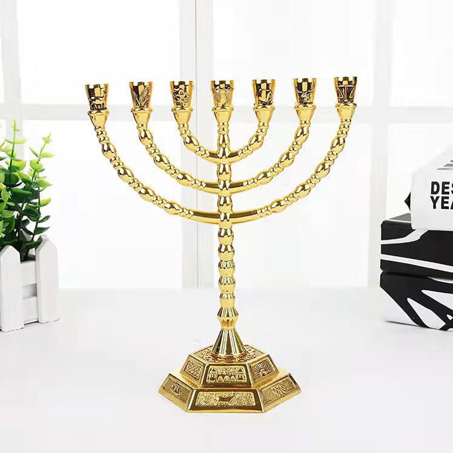 AIM & GGKK Jewish Candle Sticks Menorah 7 Branches - 12 Tribes of Israel Candle Holder for Hanukkah and Kwanzaa, Jerusalem Temple Menorah (8 Inches, 8 Inch