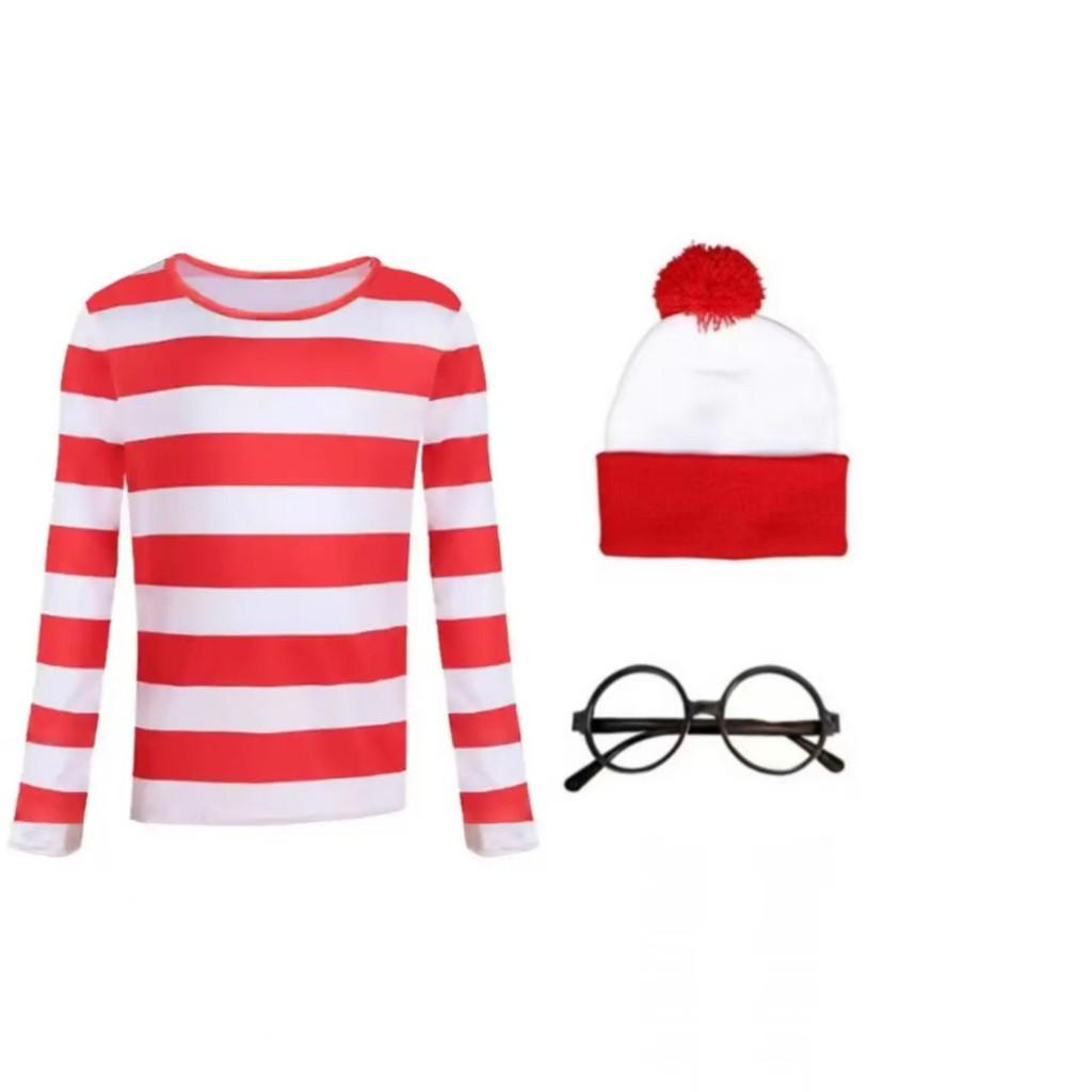 Fantasia Cosplay do Onde Está Wally com Tecido de Malha para Role Play de Anime Adultos e Crianças