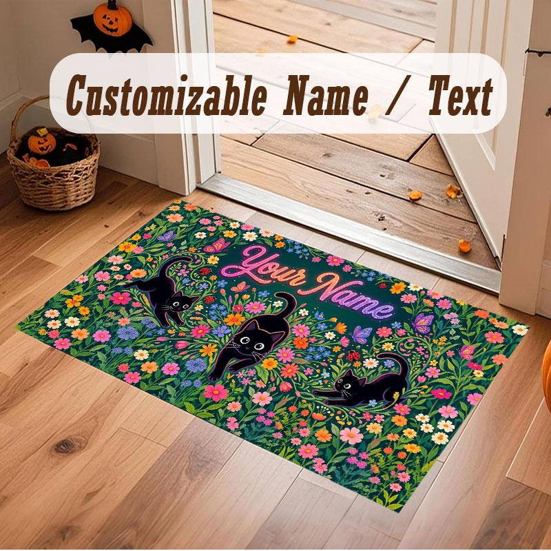 Cat Theme Crystal Velvet Floor Rug Personalized Custom Name Text Warm Carpet Home Decoration