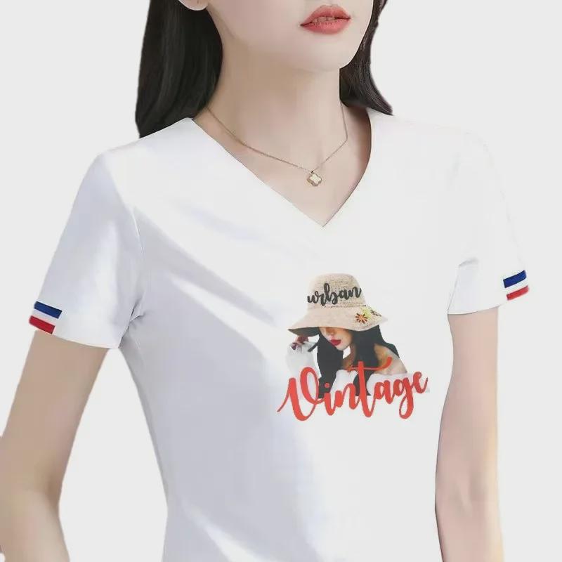 Women's V-Neck Cotton T-Shirt - Summer 2025 Collection, Short-Sleeved, Loose Fit.
