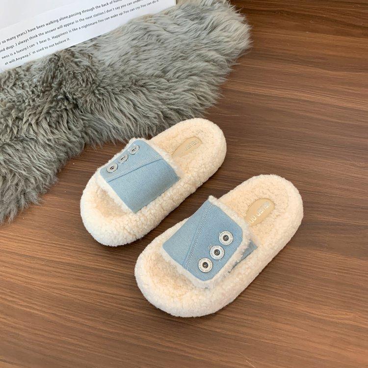 

European thick-soled fluffy slippers for women s outerwear 2025 autumn and winter new denim lamb wool muffin lazy cotton slippers 40