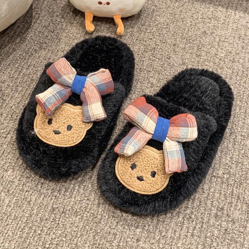 Chic Children's Slipper for Girls Cute Bear Bowknot Kids' Winter Shoes Soft Bottom Fluffy Toddlers Fashion Sweet Cotton Slippers