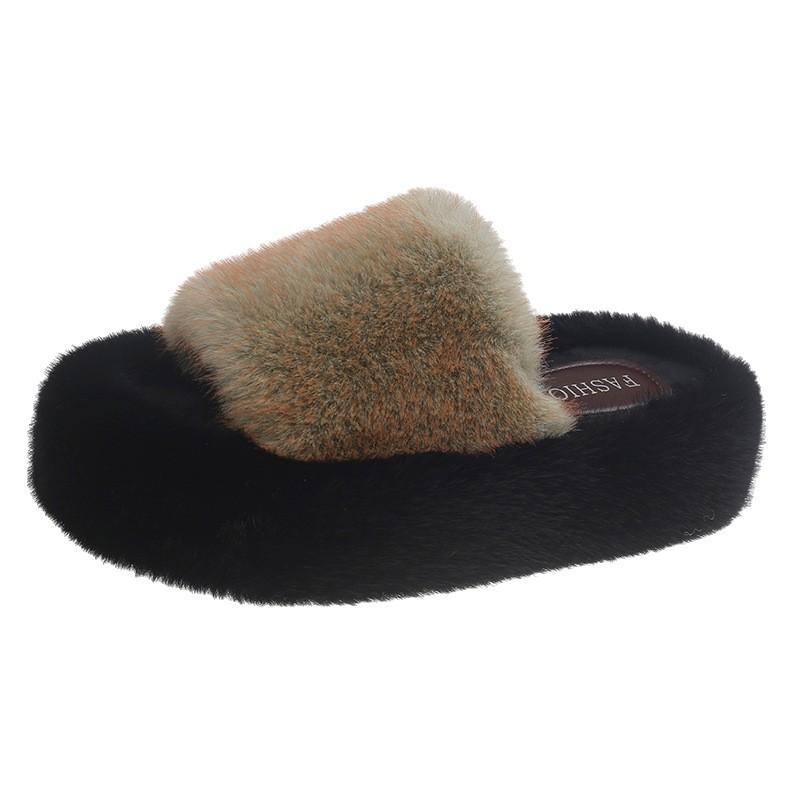 Versatile thick-soled fluffy slippers for women's outer wear 2025 autumn new high-end fashion plush one-word cotton slippers