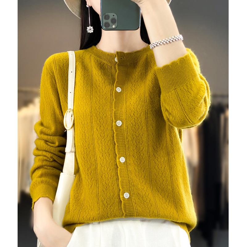 New Autumn and Winter Knitted Slimming Wheat Ear Fashionable Knitted Sweater for Women, Round-neck Long-sleeved Cardigan