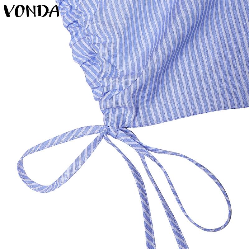VONDA Women Turn Down Collar 3/4 Sleeve Striped Ruffled Casual Loose Blouse