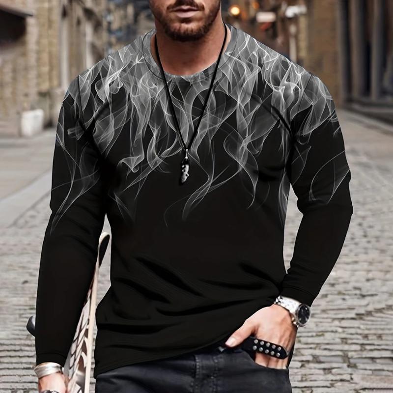Fall 3D Flame Printing Men's Round Neck Long Sleeve Pullover Fashion Loose T Shirt Retro Street Long Sleeve Round Neck T Shirt