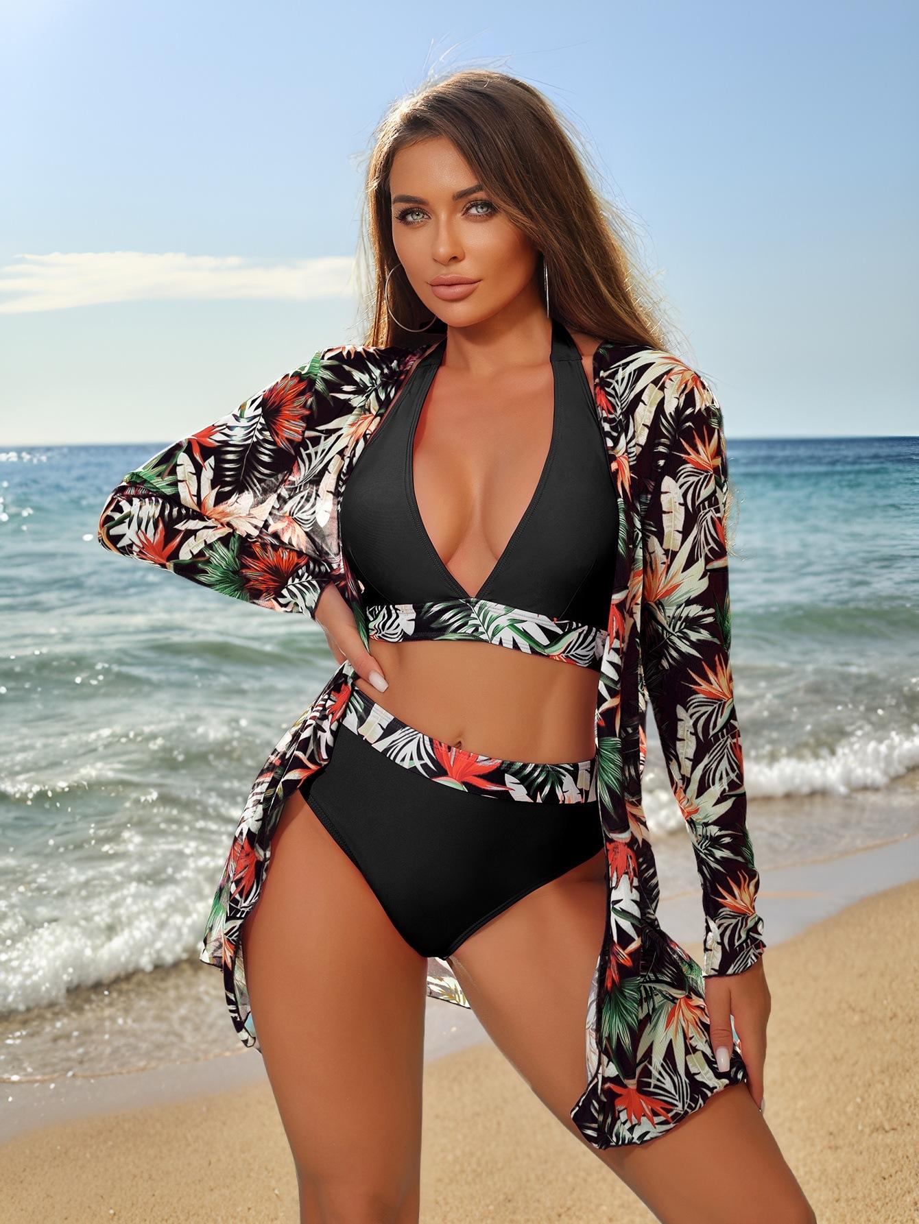 Sexy three-piece sunscreen shirt long-sleeved print high-waisted beach bikini S чёрный