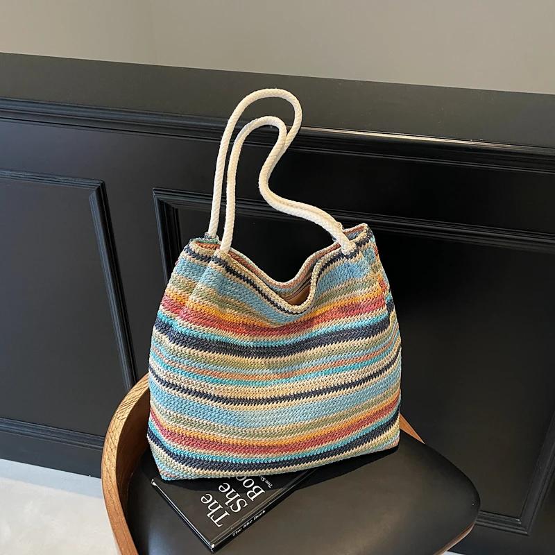 Summer Straw Woven Large Capacity Shoulder Bags  Sale Beach Commuting Sweet Handbag 2026  Colorful Stripes Ladies Bags