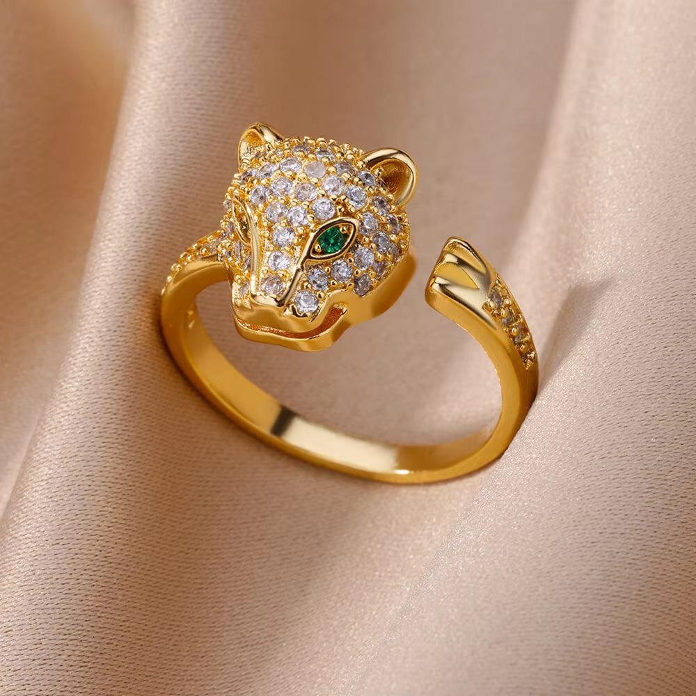 Copper Micro-paved Colored Zircon Leopard Head Open Ring INS Niche Leopard Head Ring