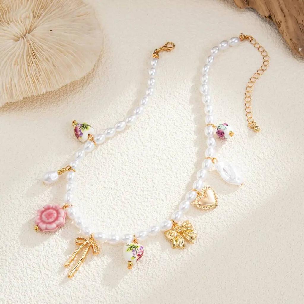 KunJoe Elegant Imitation Pearl Short Choker Necklace for Women Cute Ceramic Beads Flower Love Heart Pendant Necklace Y2K Jewelry