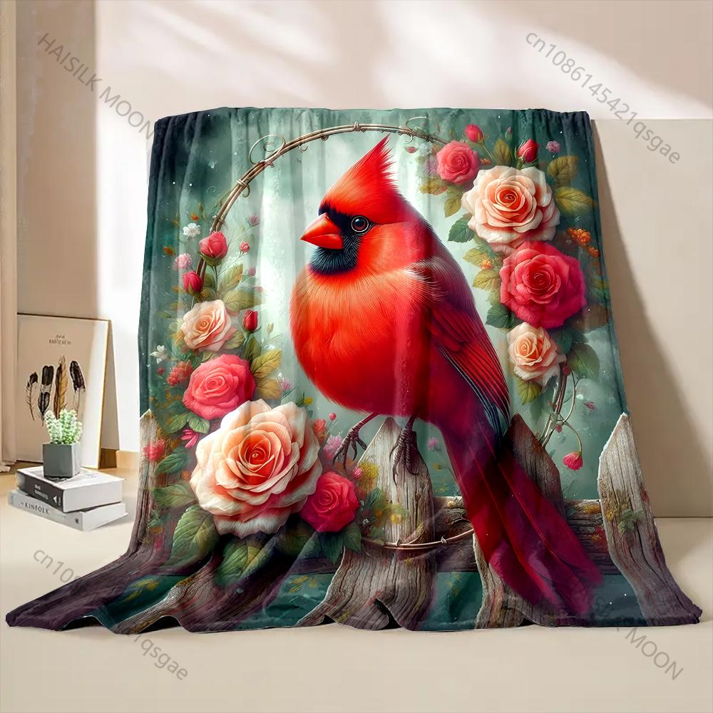 Cardinal with Roses and Fence Pattern Blanket Flannel Material Soft Warm for All Seasons, Home Outdoor Camping Picnics RV