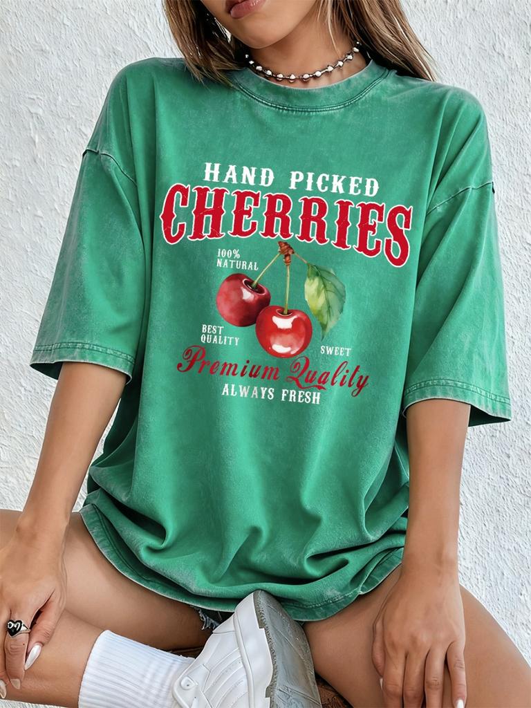 Hand Picked Cherries Fruits Printed Washed T-Shirt Women Cotton Oversized Tops Soft Distressed O-Neck T Shirt Summer Clothes