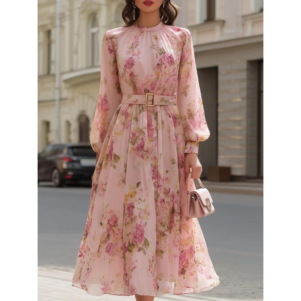 Women's High Neck Long Sleeve Floral Print Midi Dress High Waist Belted Elegant Casual Dress