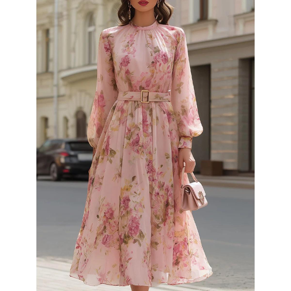 Women s High Neck Long Sleeve Floral Print Midi Dress High Waist Belted Elegant Casual Dress S розовый