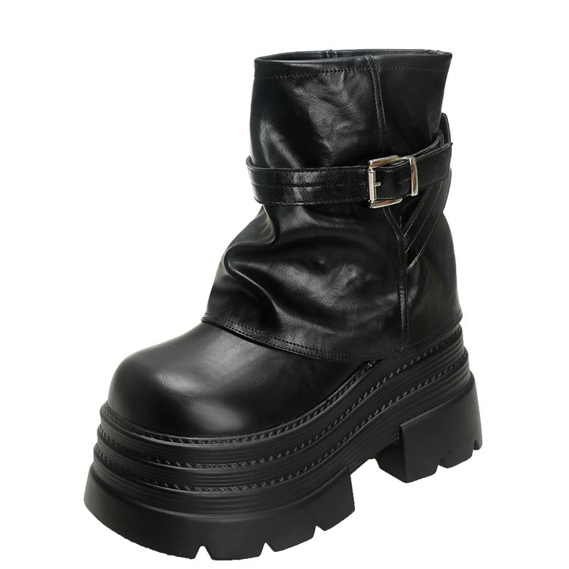 Fashion Women High Platform Ankle Boots Autumn Winter Gothic Style Leather Shoes Buckle Punk Motorcycle Boots Round Toe Chunky Sneakers