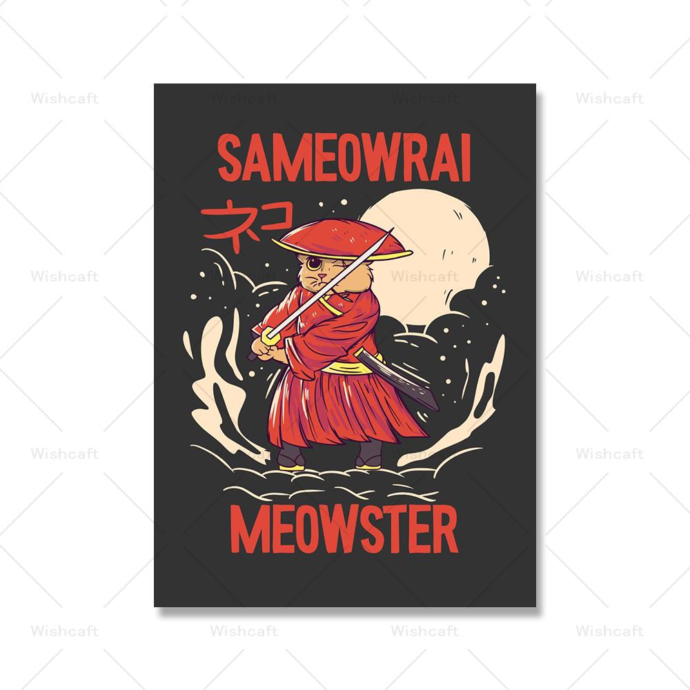 Grim Tattoo Cat on Red Sun Canvas Painting Funny Cute Cat Samurai Poster Print Kids Bed Home Room Wall Art Decoration Pictures