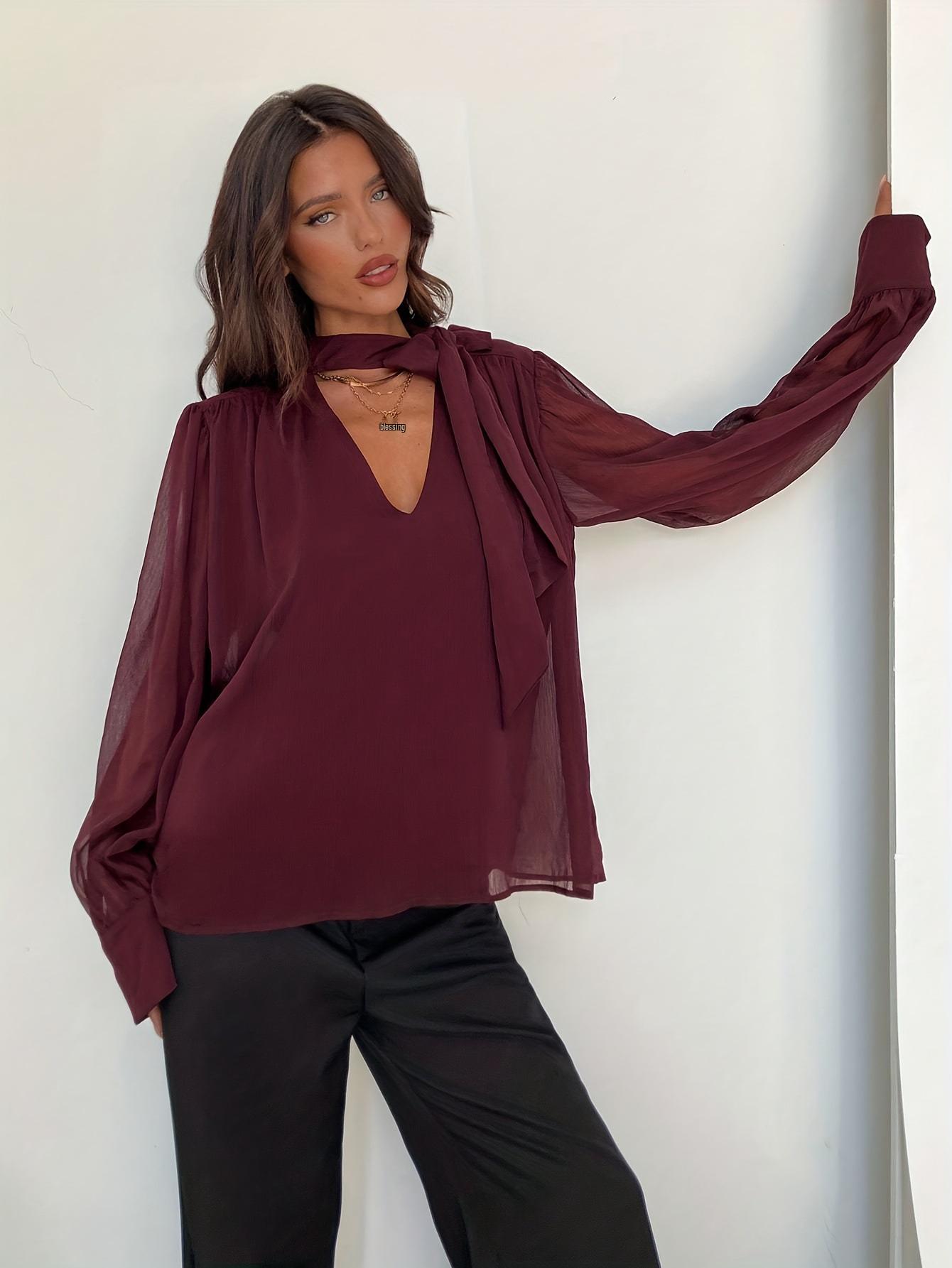 

Women s French Retro Slimming Shirt: Elastic High Waist, Deep V-neck Ribbon, Long Sleeve Chic Top Large