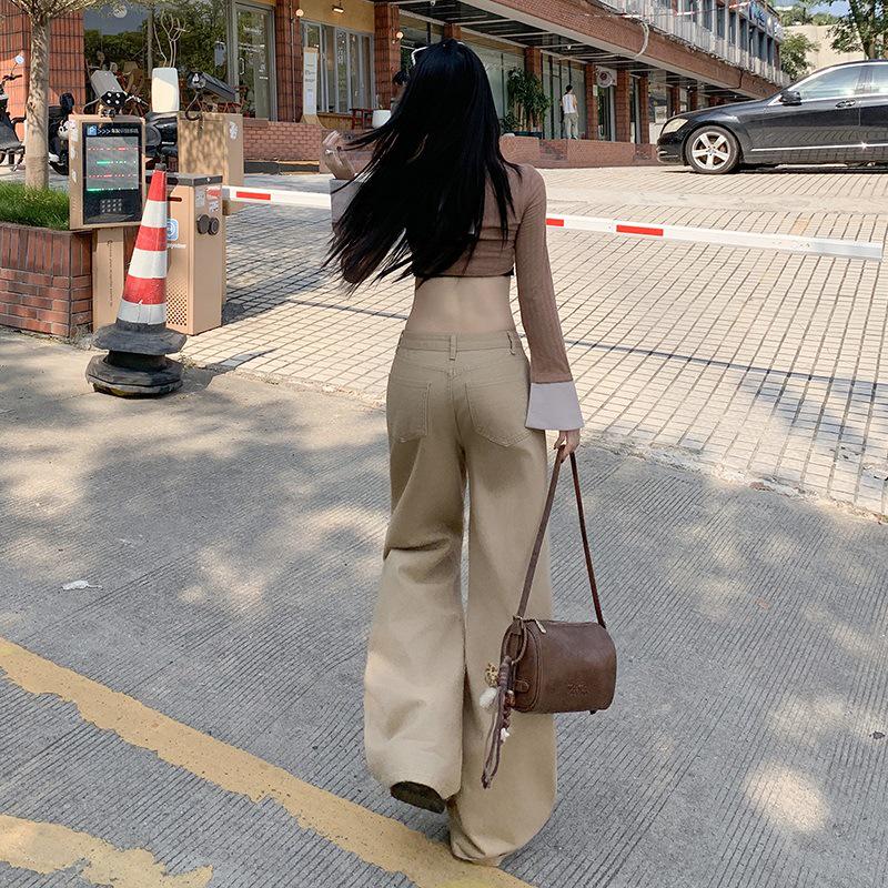 Women's Khaki Wide-Leg High-Waisted Slimming Floor-Length Jeans - 2025 Autumn/Winter Collection